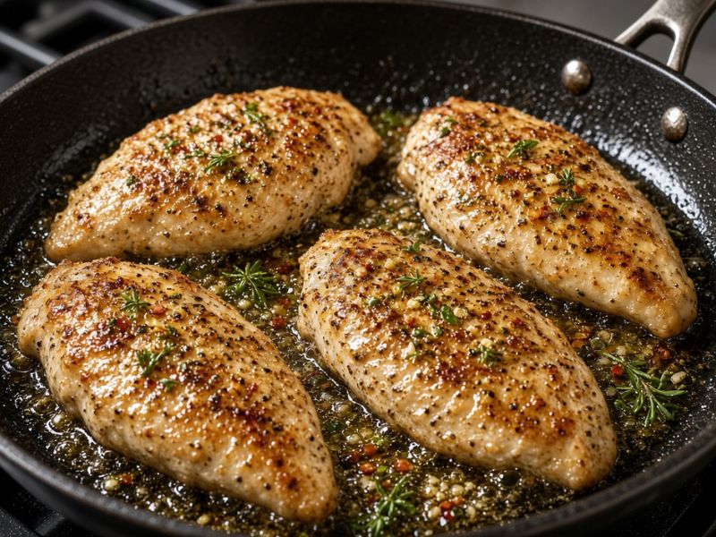 Chicken breast cooking in a skillet