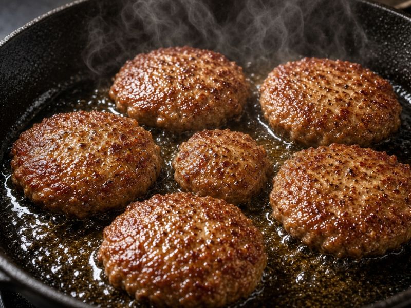 Turkey sausage patties cooking in a skillet