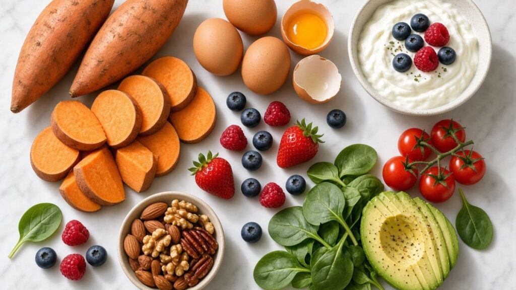 sweet potatoes with eggs yogurt berries and nuts