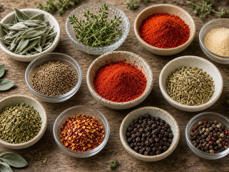 Sage, thyme, rosemary, paprika and other seasonings in small bowls