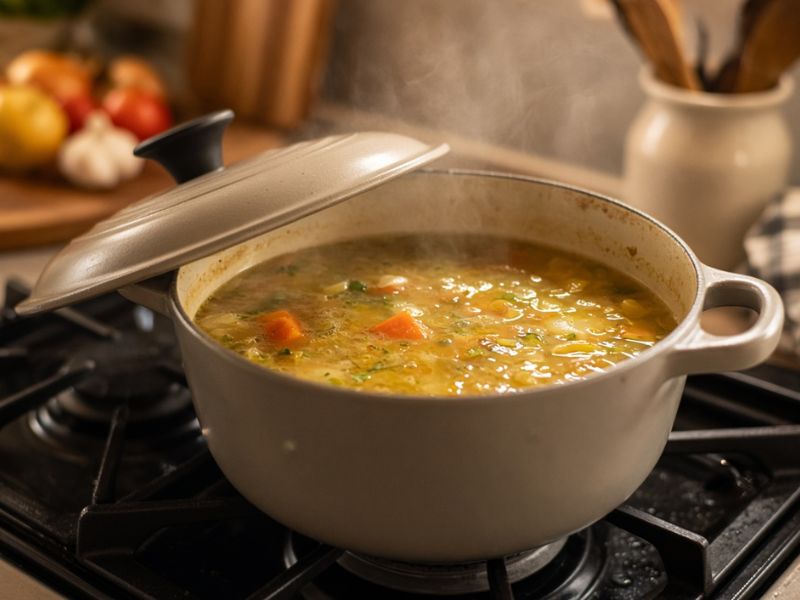 healthy chicken soup simmering in pot