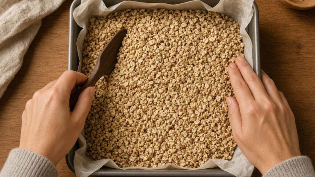 pressing oatmeal mixture into parchment lined baking pan
