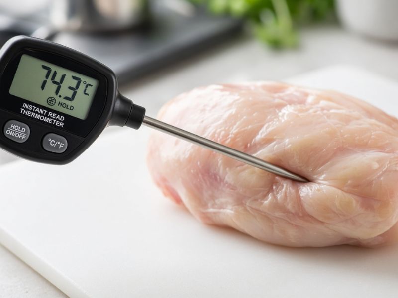 Checking chicken breast internal temperature