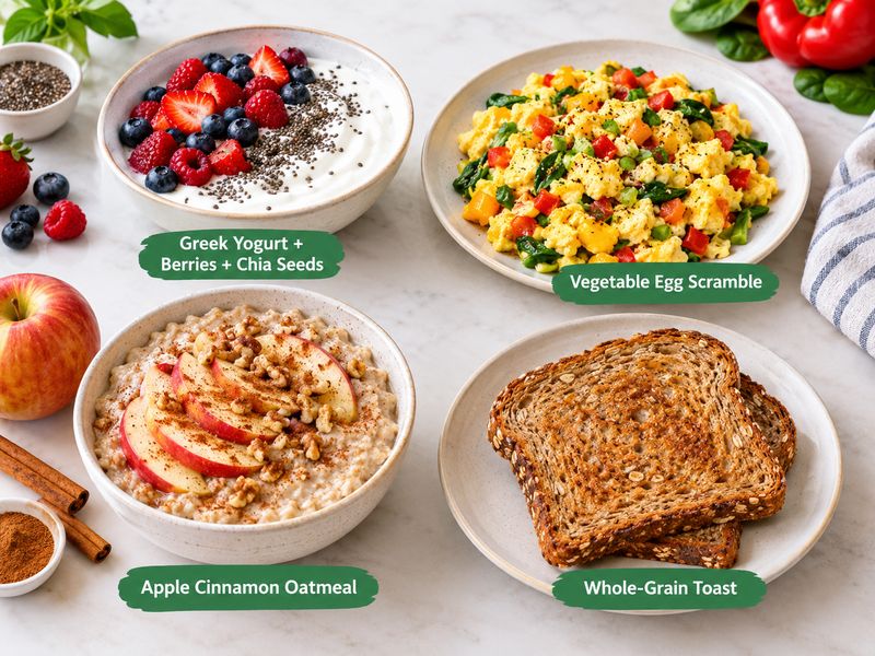 Greek yogurt berries vegetable eggs oatmeal and whole grain toast