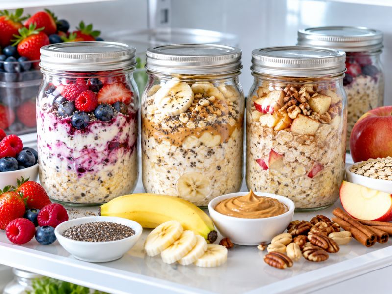 Overnight oats meal prep with berry, banana peanut butter, and apple cinnamon jars