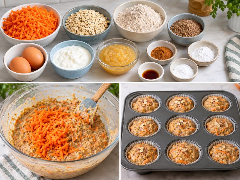 Carrot oat high fiber muffins with grated carrots and flaxseed