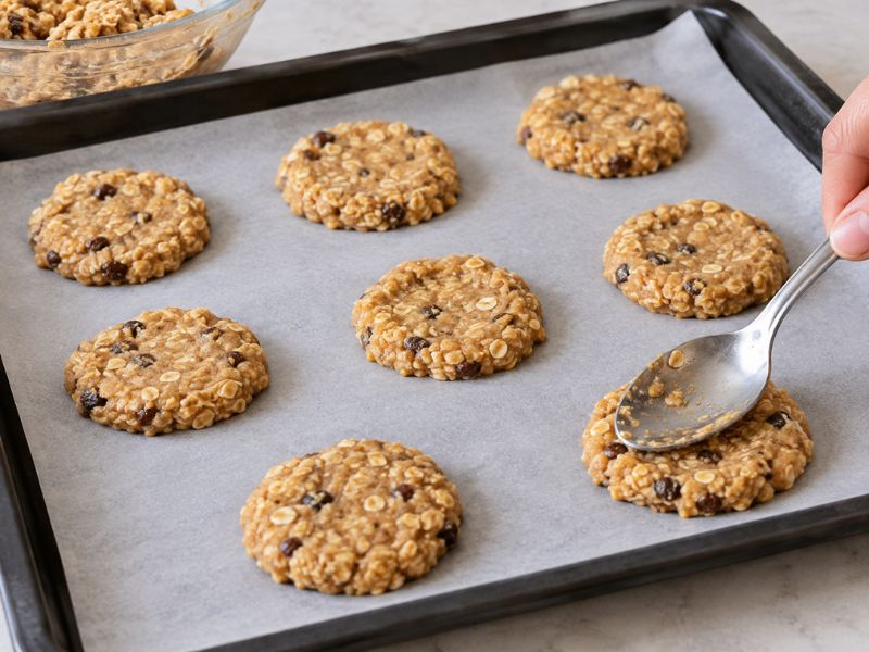 Shaping healthy breakfast cookies on a baking sheet