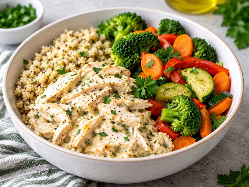 Creamy chicken soup with lean chicken and vegetables