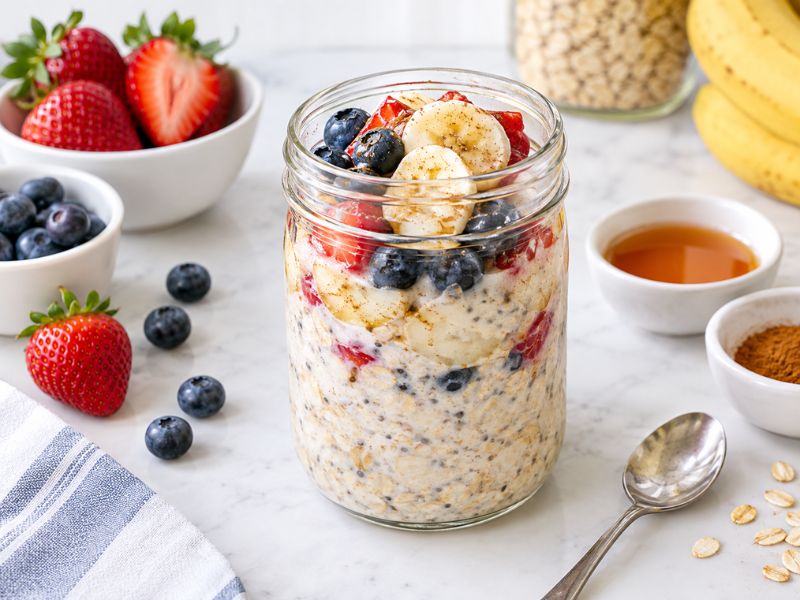 Banana slices and fresh berries added to the creamy oat mixture