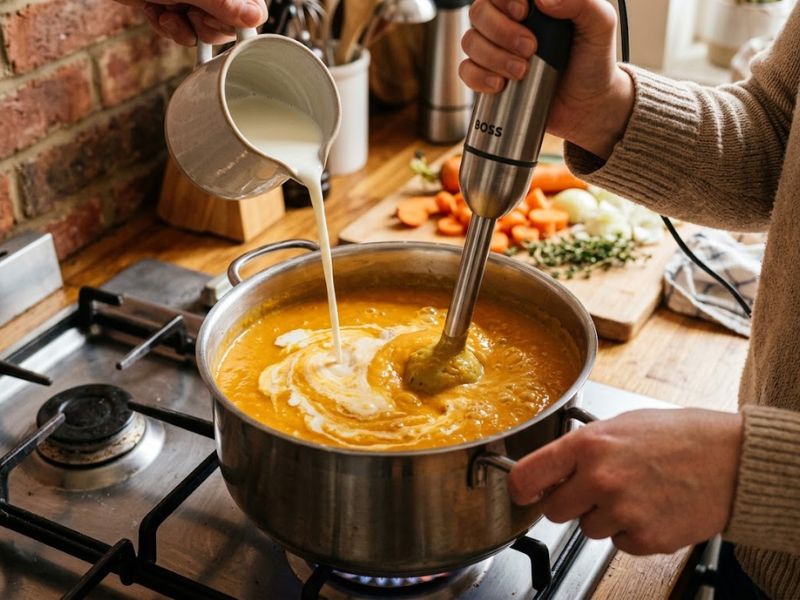 Milk and lemon juice added to creamy broccoli soup
