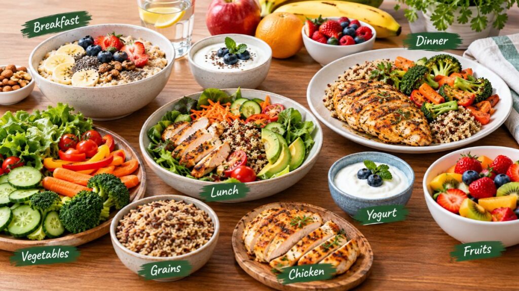 Healthy weight loss recipes with chicken vegetables yogurt fruits and whole grains