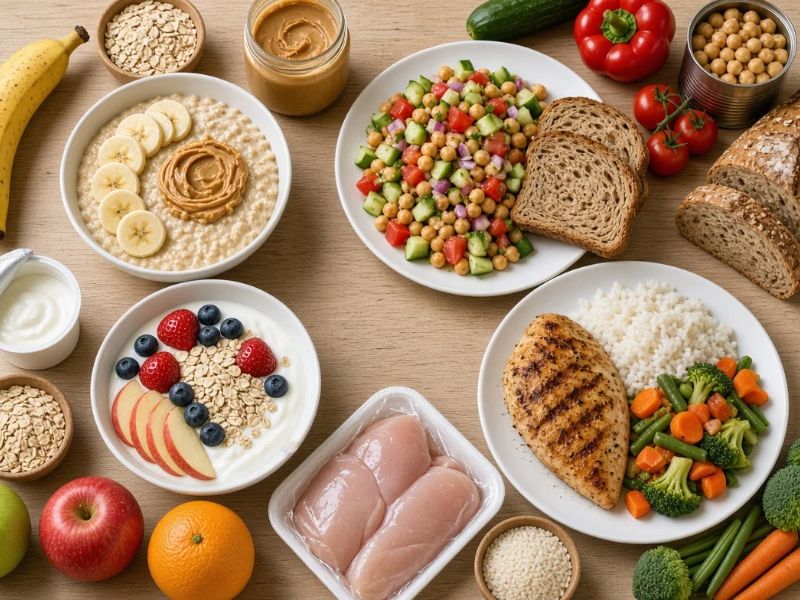 one day healthy budget meal plan with oatmeal chickpea salad yogurt and chicken rice vegetables