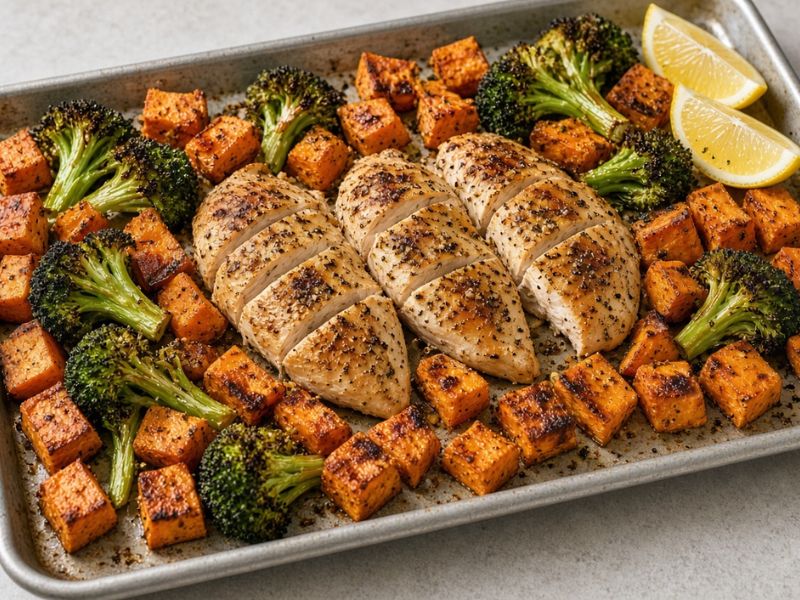 sheet pan chicken with sweet potatoes and broccoli