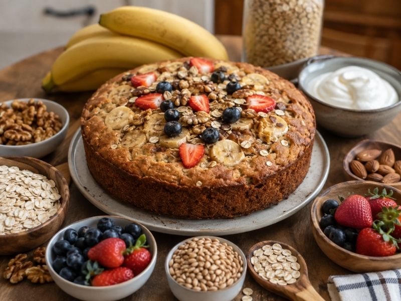 Moist banana cake with ripe bananas and walnuts