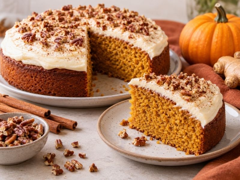 Healthy pumpkin cake with cinnamon, ginger, and chopped pecans