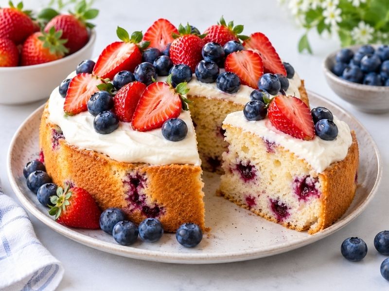 Healthy berry cake topped with fresh strawberries and blueberries