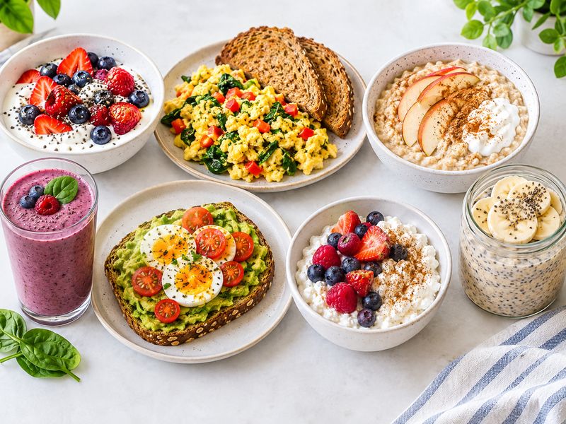 7-day low calorie breakfast plan with yogurt eggs oatmeal smoothie toast and overnight oats