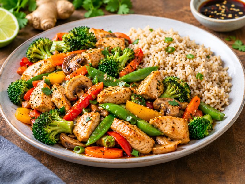 Healthy chicken and vegetable stir fry with brown rice