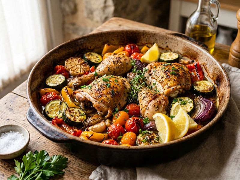 Mediterranean one pan chicken with tomatoes zucchini and peppers
