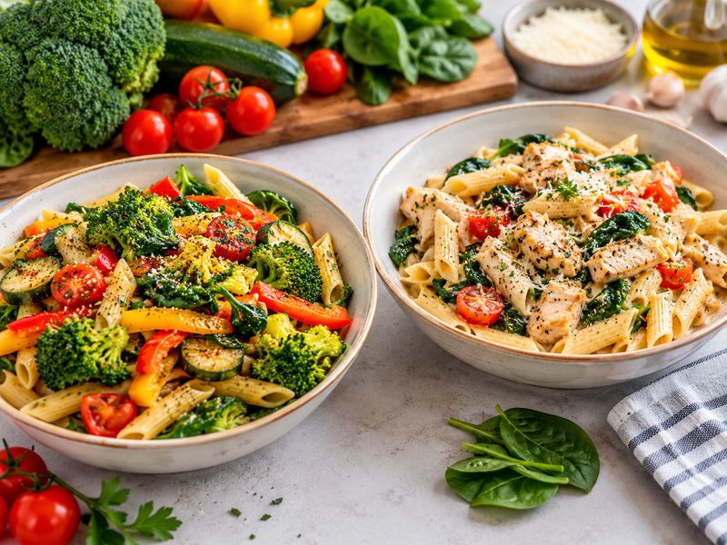 Tasty and healthy pasta recipes with vegetables, spinach, tomatoes, and chicken