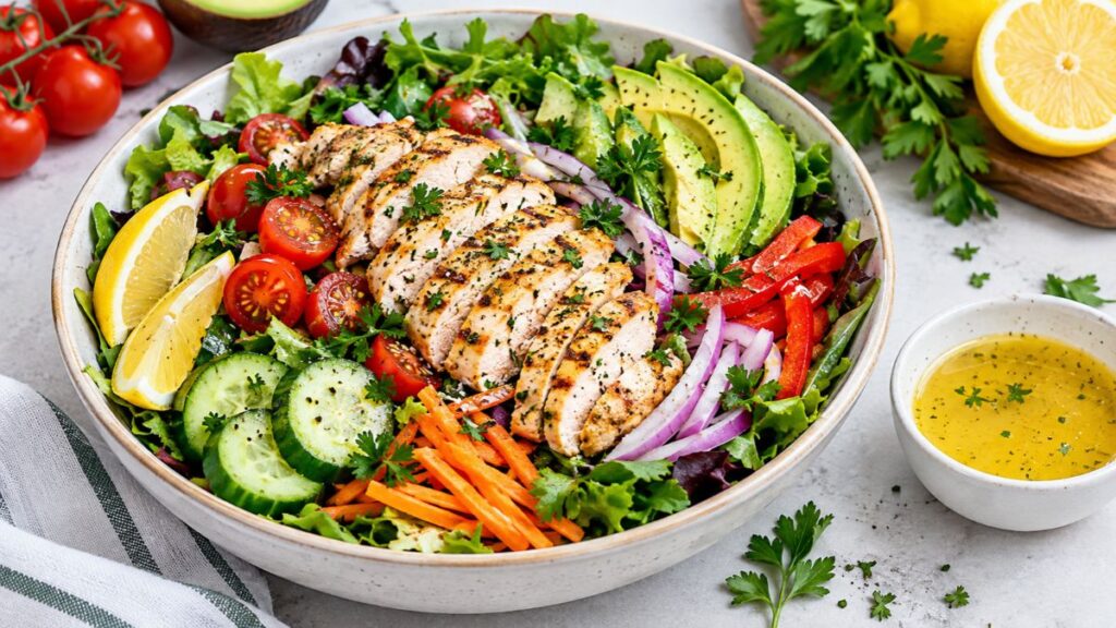 Salad recipes with chicken with grilled chicken, fresh vegetables, avocado, and lemon dressing