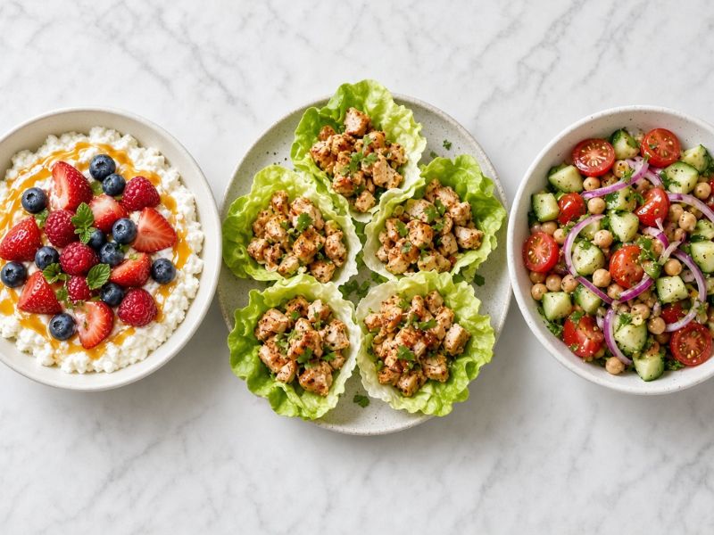 High protein weight loss recipes with cottage cheese chicken lettuce wraps and chickpea salad