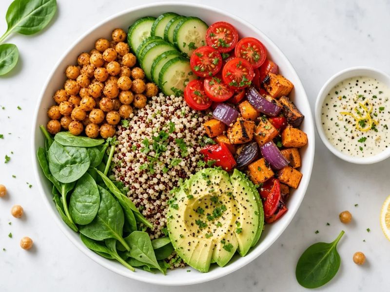 Healthy weeknight dinner recipes with chickpea grain bowl and vegetables