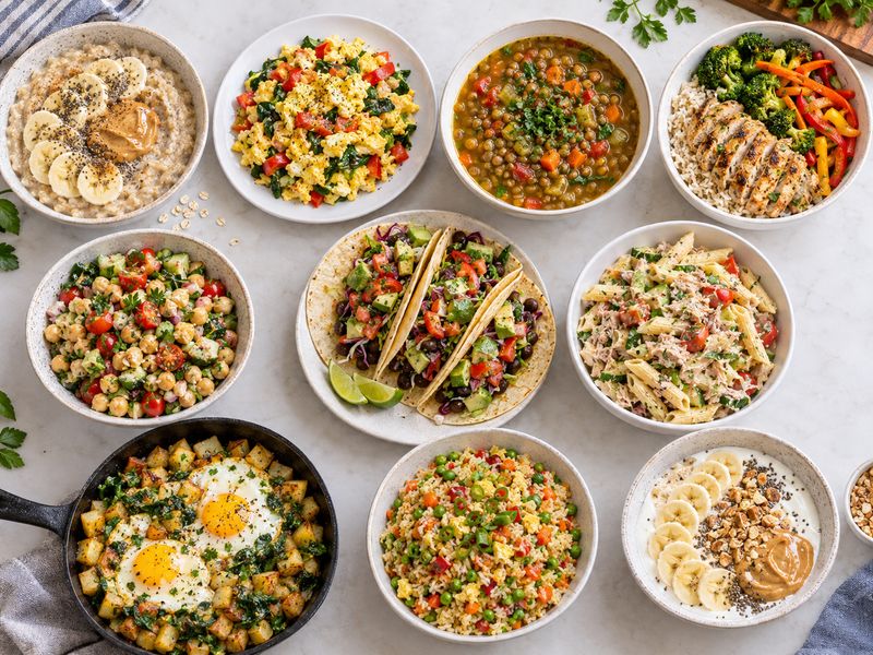 10 healthy meals on a budget including oatmeal soup chicken rice salad tacos pasta and eggs