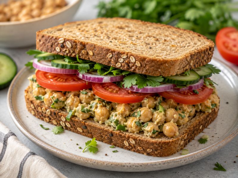 chickpea salad sandwich with fresh vegetables
