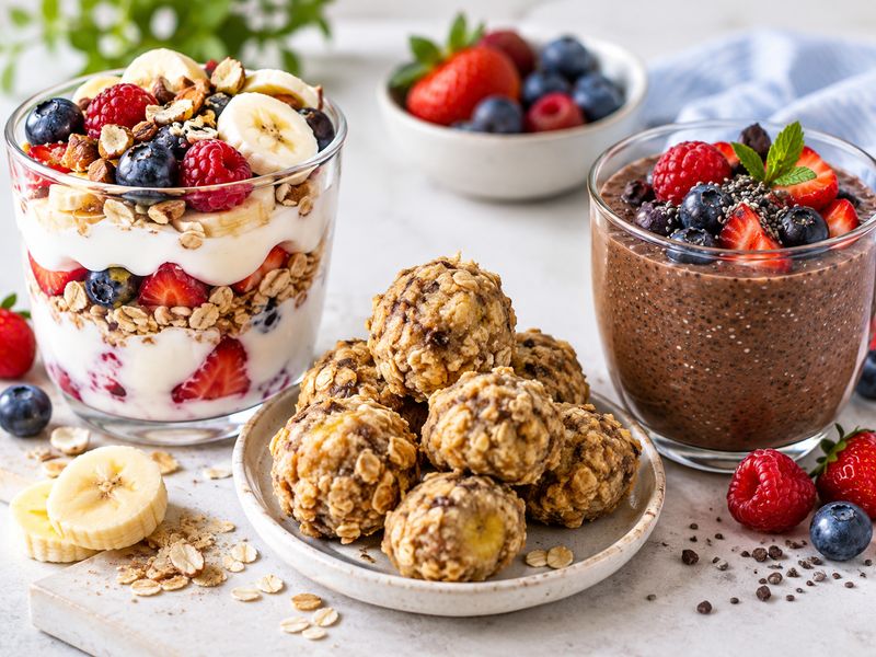 Tasty and healthy dessert ideas including yogurt parfait, banana oat bites, and chia pudding