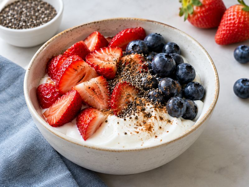 Greek yogurt and berry bowl with chia seeds for a low calorie breakfast