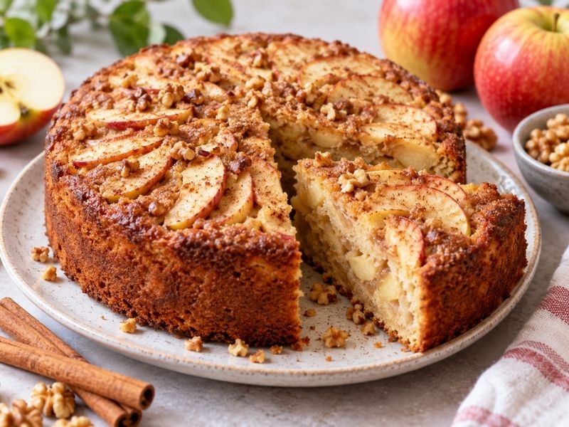 Healthy apple cake with fresh apples, cinnamon, and walnuts