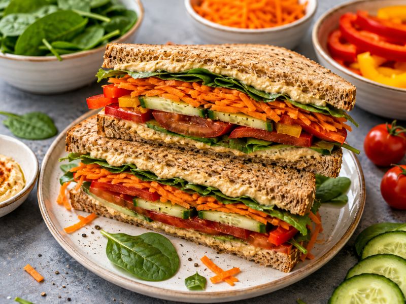 hummus and vegetable sandwich with fresh vegetables