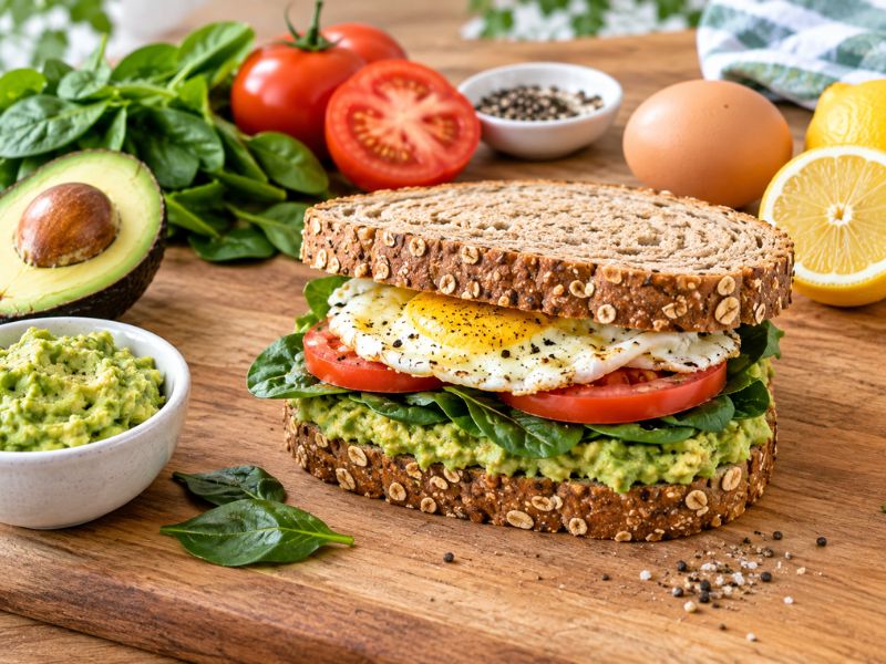 avocado and egg sandwich with spinach tomato and whole grain bread