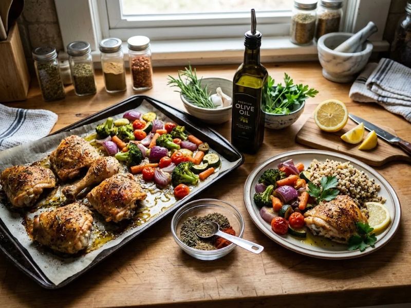 Healthy cooking tips for weight loss recipes with baked chicken roasted vegetables herbs and lemon