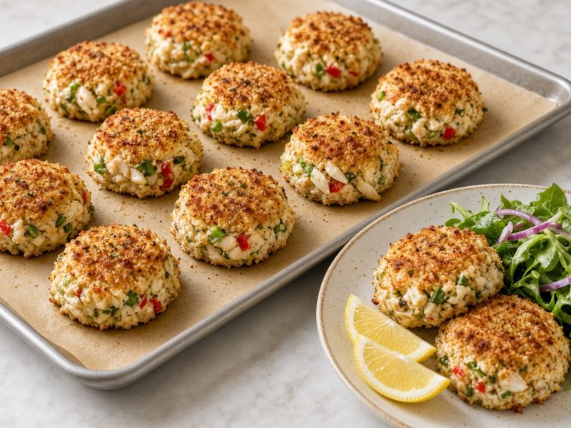 Baked healthy crab cakes with bell pepper and parsley