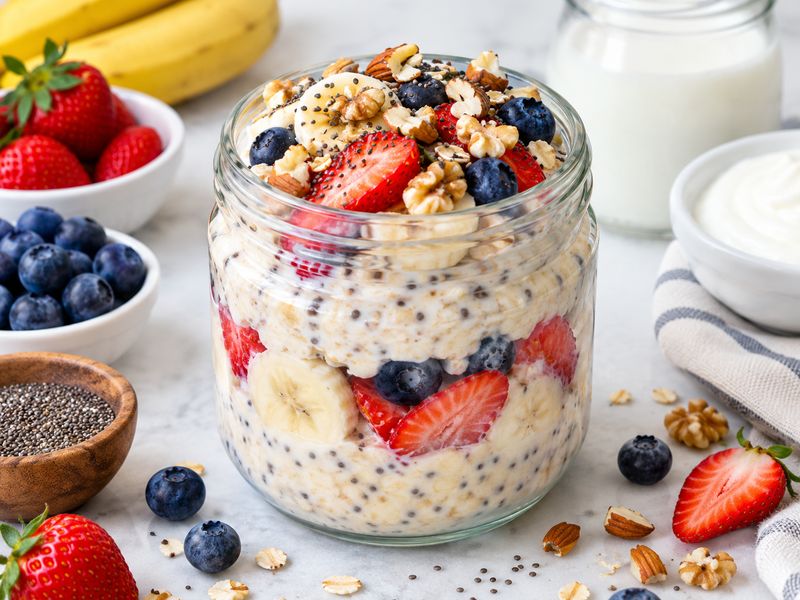 Tasty and healthy overnight oats with fresh berries, banana, chia seeds, and nuts