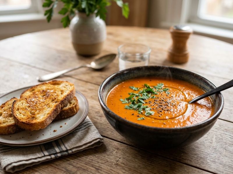 Healthy broccoli soup served warm with parsley and whole-grain toast