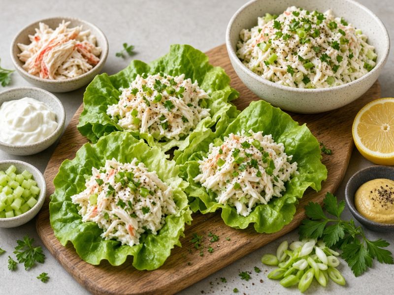 Greek yogurt crab lettuce wraps with celery and green onion