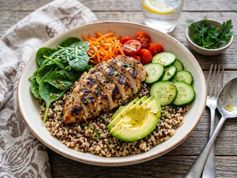 Healthy chicken quinoa power bowl with vegetables and avocado