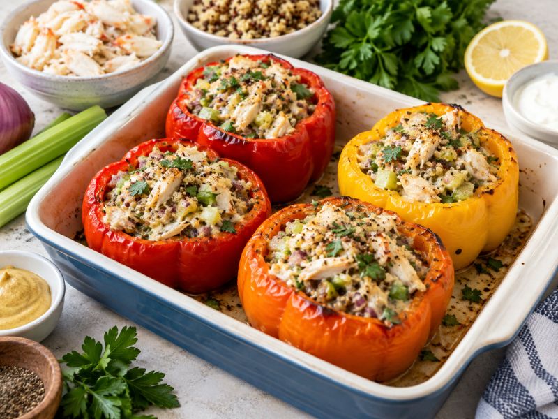 Crab-stuffed bell peppers with quinoa and vegetables