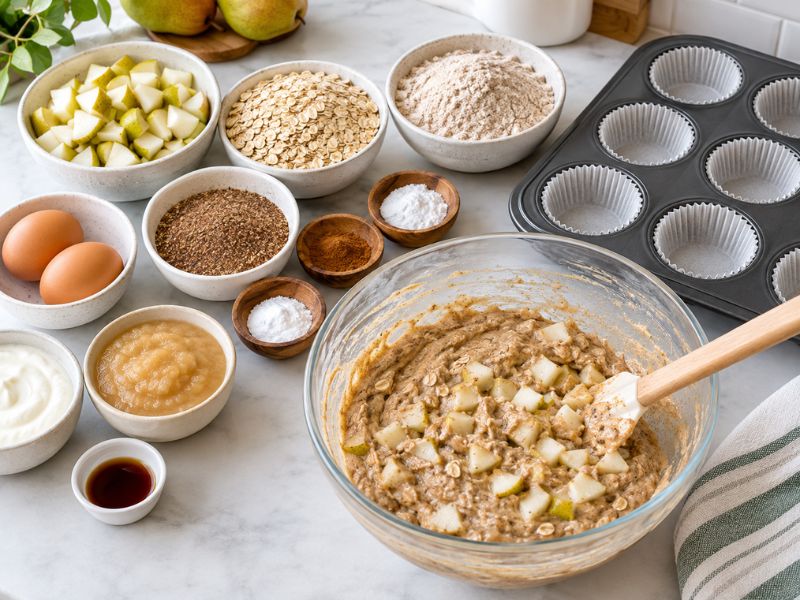Pear and flax high fiber muffins with oats and cinnamon