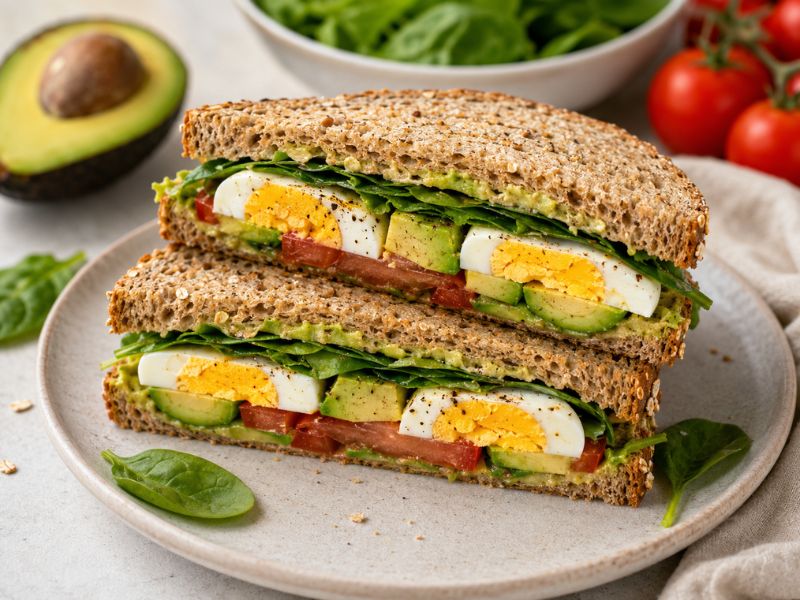 egg and avocado sandwich with spinach and tomato