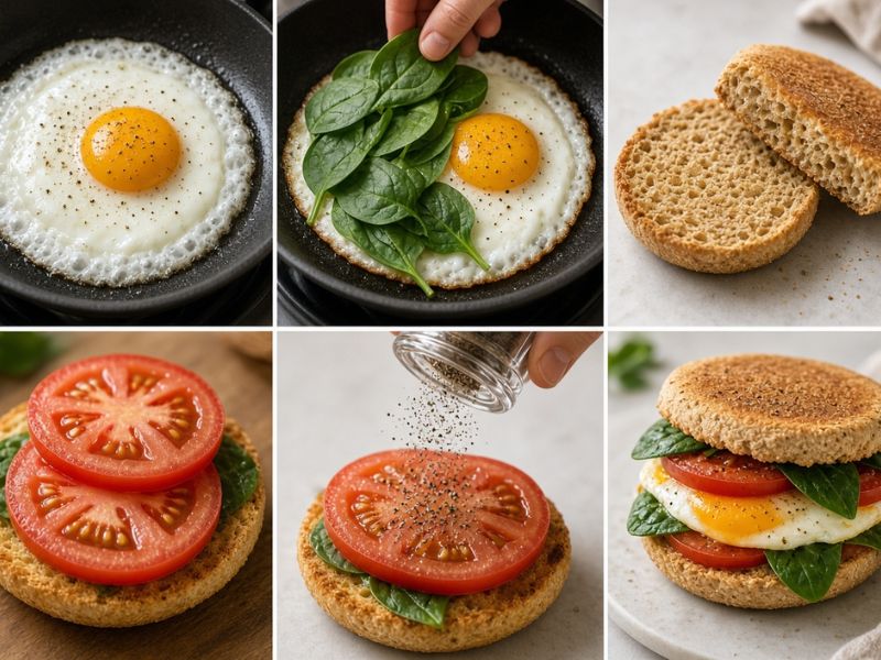 Egg and spinach breakfast sandwich with whole grain English muffin and tomato