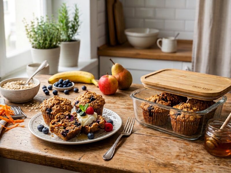 Homemade high fiber muffins served for breakfast and stored for later