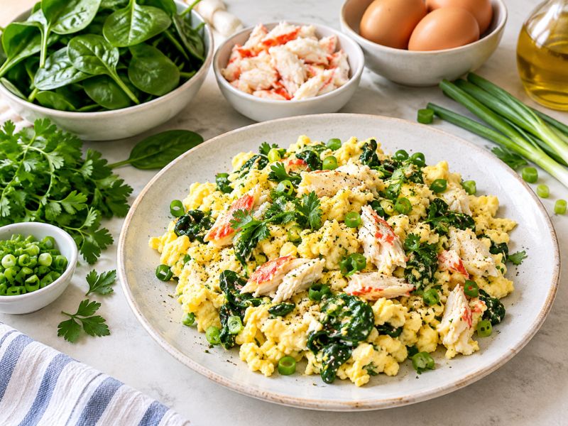 Spinach and crab egg scramble with green onion and parsley