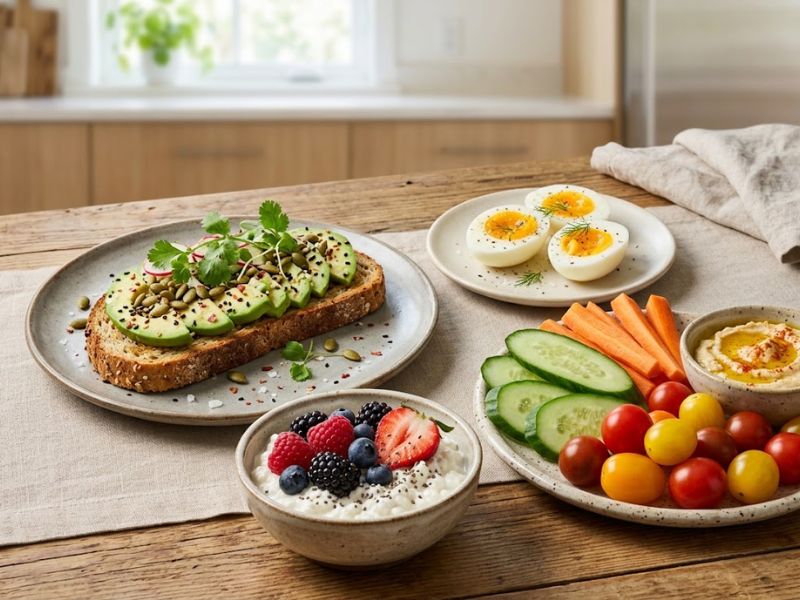 Healthy snack platter with avocado toast, cottage cheese fruit bowl, eggs, and vegetables