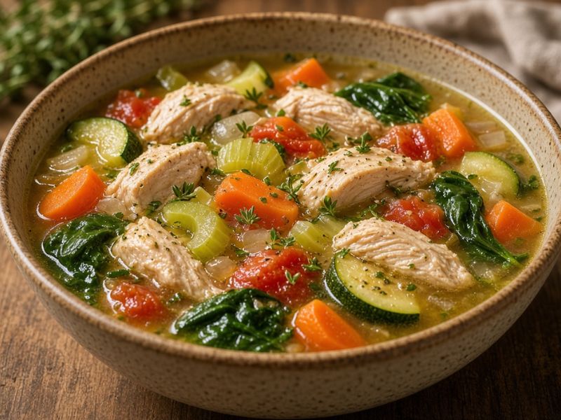 Healthy chicken vegetable soup with spinach carrots and zucchini