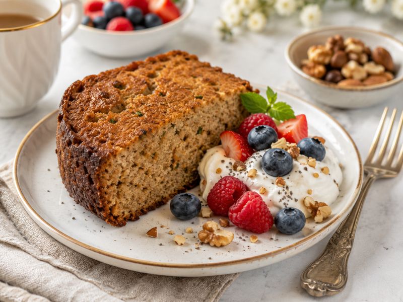 Sugar free cake served with yogurt and berries