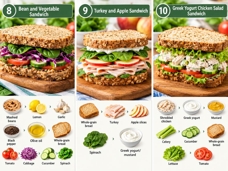 Bean vegetable turkey apple and Greek yogurt chicken salad sandwiches